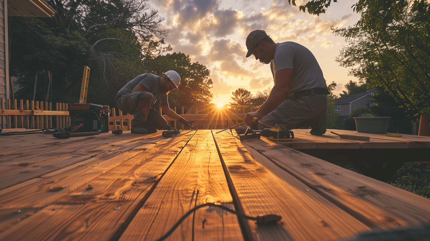 Two carpenters building a residential wood deck